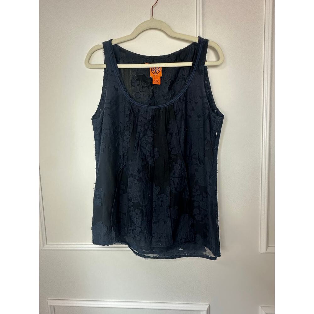 Tory Burch Navy Blue Silk Floral Textured Top Size 12